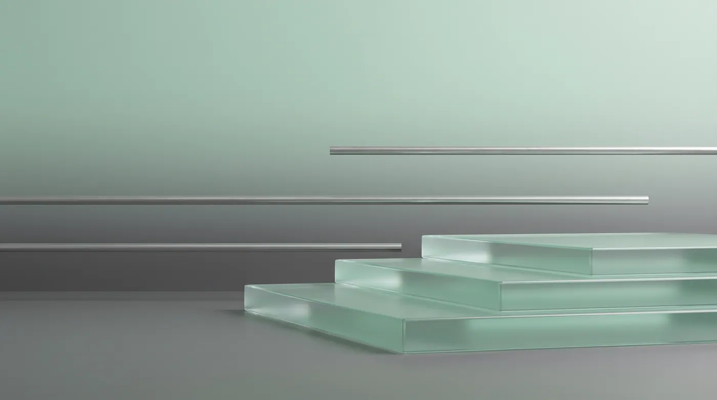 Three frosted mint glass steps rising beside thin steel rails, a 3D abstraction